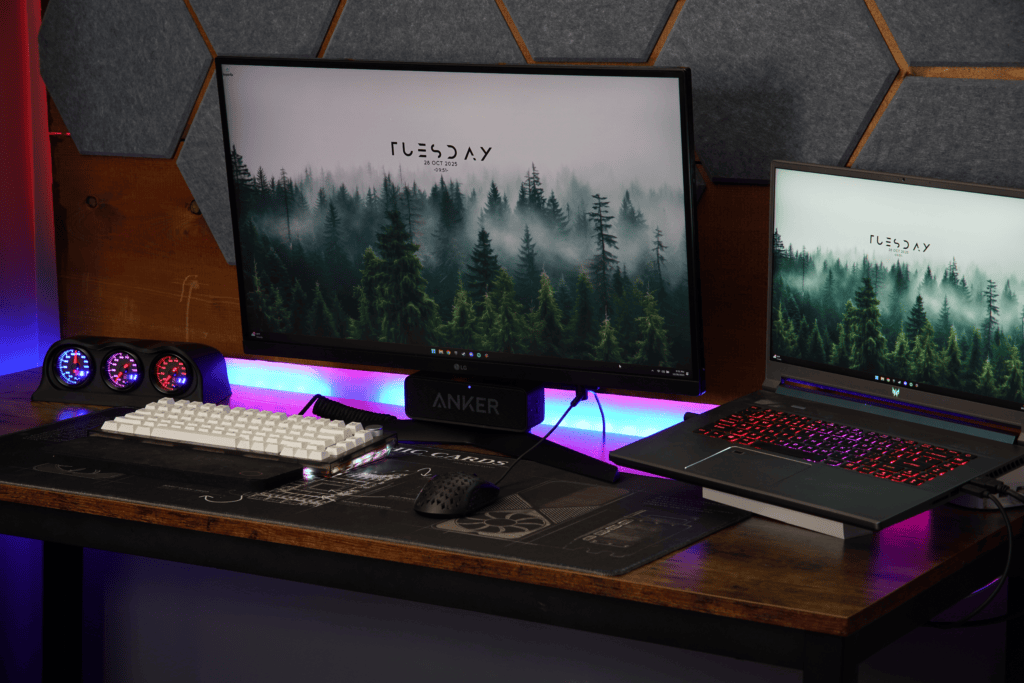 Modern gaming and productivity setup featuring dual monitors, RGB lighting, mechanical keyboard, and gaming accessories on a wooden desk.