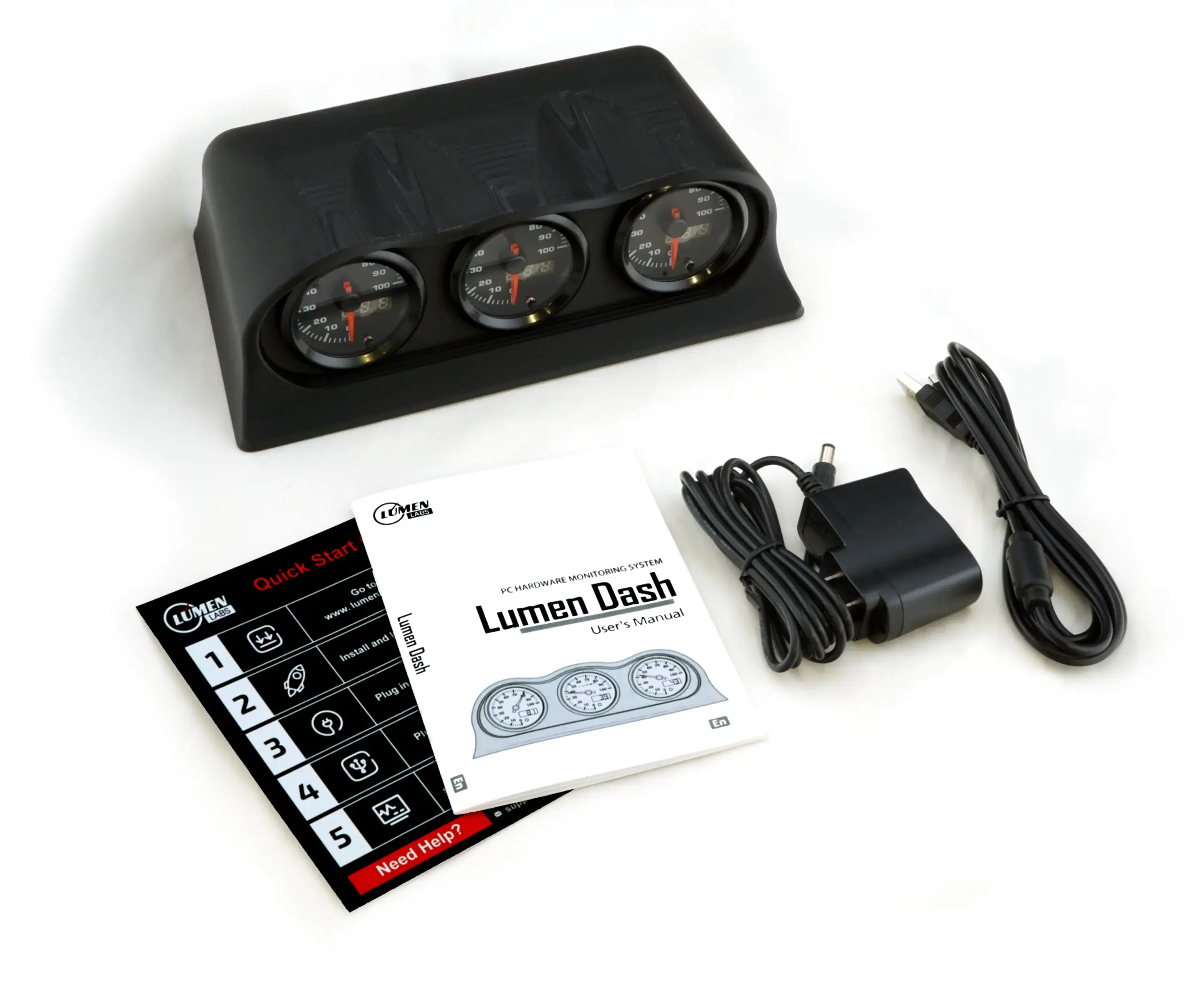 Lumen Dash with three gauges, wiring, and user manual for real-time speed, usage, and temperature monitoring. Ideal for PC enthusiasts and custom builds.