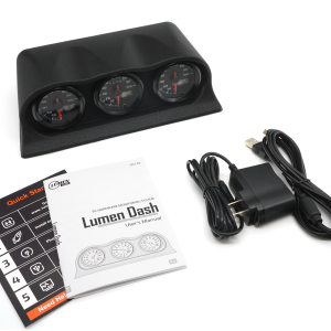 The Lumen Dash Founder’s Edition shown with its USB cable, power adapter, quick start guide, and user manual.