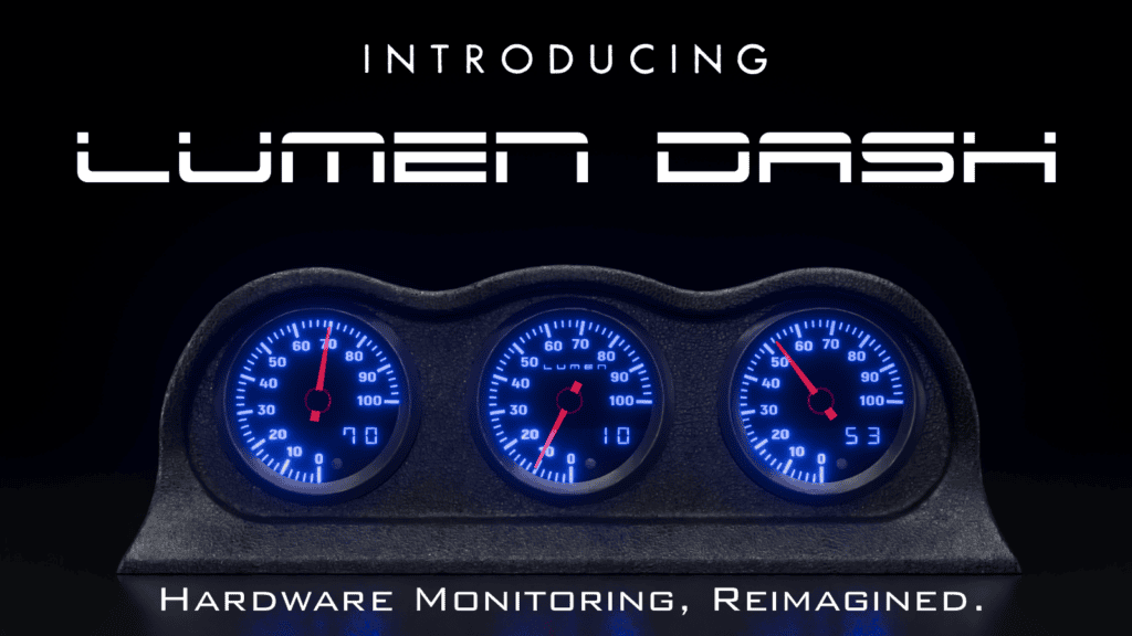 Lumen Dash device displaying hardware monitoring gauges with blue backlighting, showcasing real-time system metrics for enhanced performance tracking.