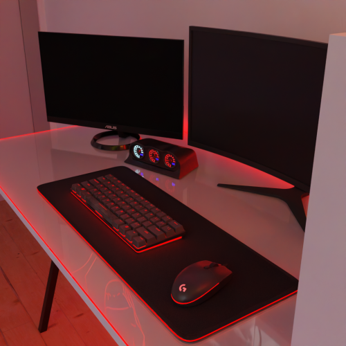 Dual computer monitor setup with RGB lighting, gaming keyboard, gaming mouse, and Lumen Dash on a clean white desk for gaming or productivity.