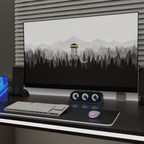 A high-resolution computer monitor displaying a monochrome mountain landscape with a lighthouse, positioned on a desk with a Lumen Dash and other ergonomic accessories and ambient lighting for a productive workspace.